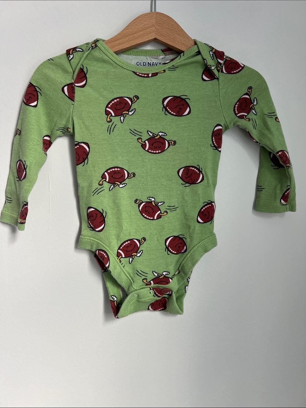 Old Navy | 100% Cotton Green Football-Print Long-Sleeve Baby Bodysuit Sz 6-12M